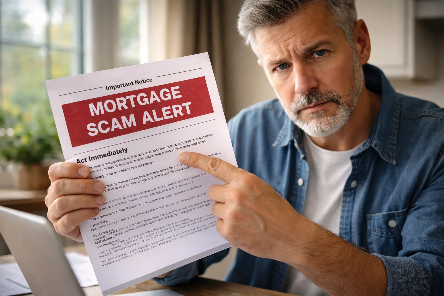 Homeowner pointing to a mortgage scam letter following an FCA warning